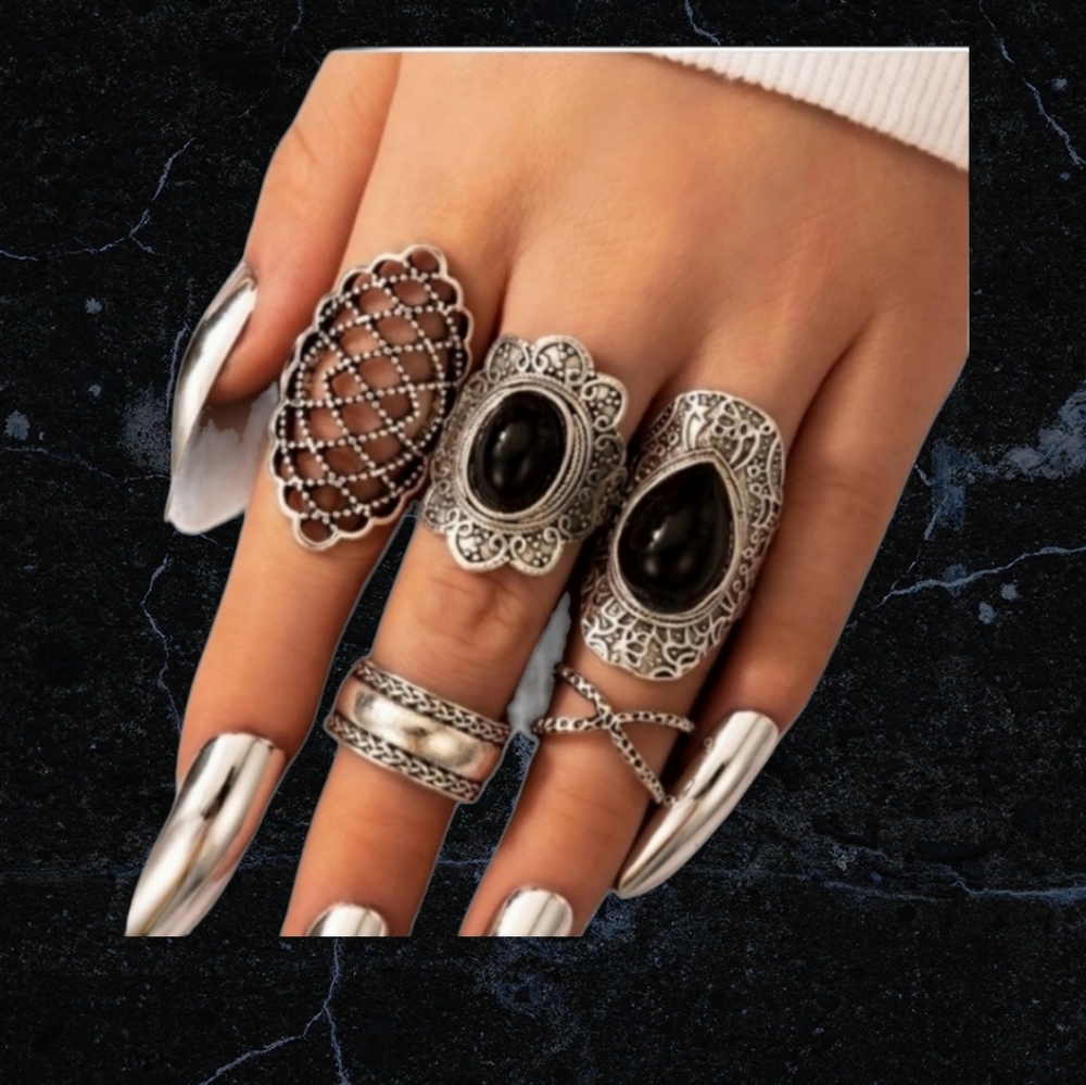 5 piece Boho Antiqued Silver Black Stone Ring✨️ - Picture 3 of 8
